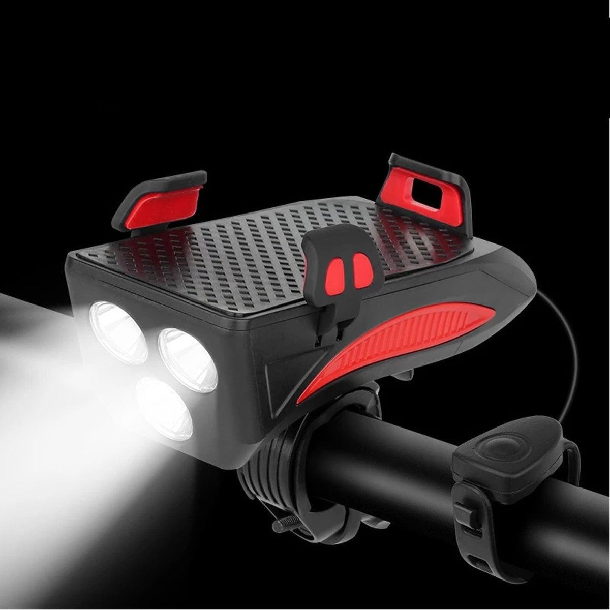 4-in-1 Rechargeable Bike Lights with Powerbank, Phone Holder and Electronic Horn – LED Safety Light for Biking