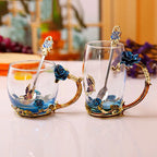 Handcrafted Enamel Coffee Mugs Rose-Glass Tea Cup with Steel Spoon Luxury Unique Gifts for Wedding Valentine's Day Birthday Gifts