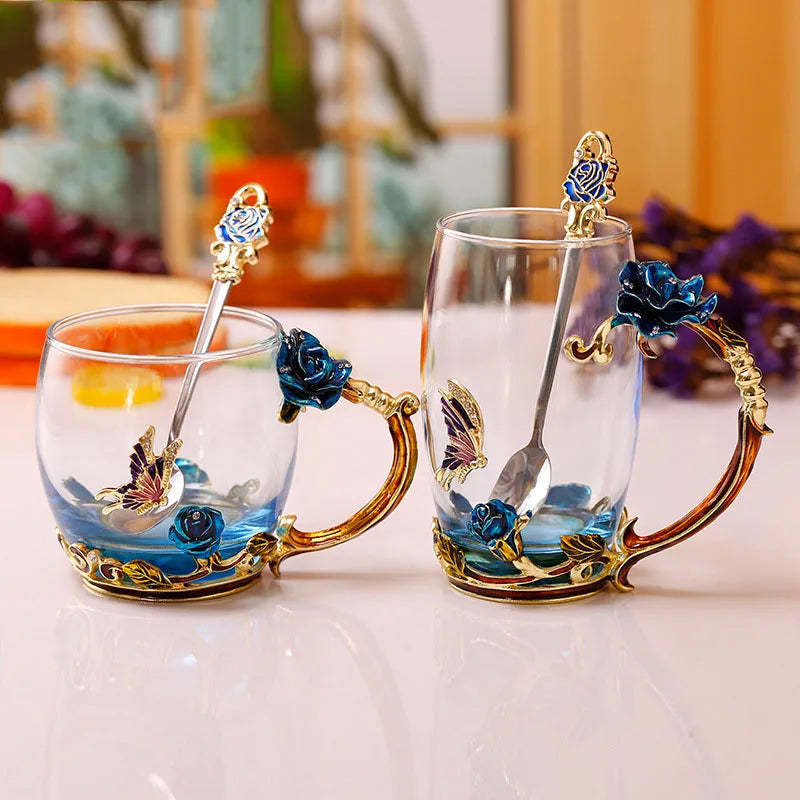 Handcrafted Enamel Coffee Mugs Rose-Glass Tea Cup with Steel Spoon Luxury Unique Gifts for Wedding Valentine's Day Birthday Gifts