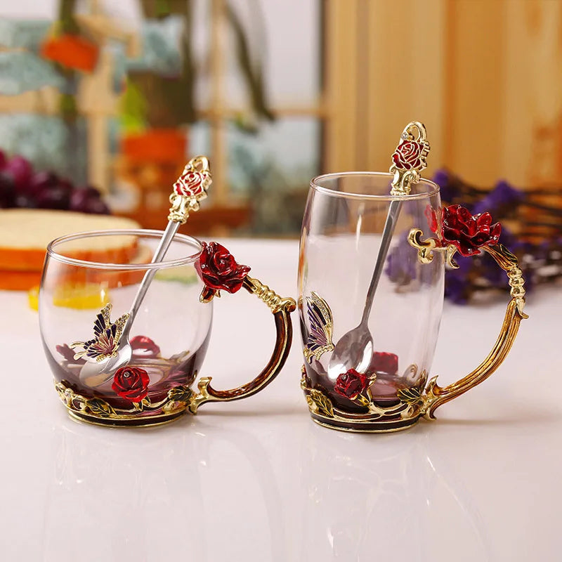 Handcrafted Enamel Coffee Mugs Rose-Glass Tea Cup with Steel Spoon Luxury Unique Gifts for Wedding Valentine's Day Birthday Gifts
