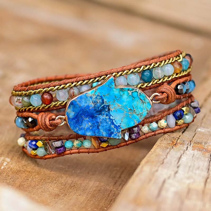 Elegant Turquoise Hamsa Wrap Bracelet - Soraya in Blue