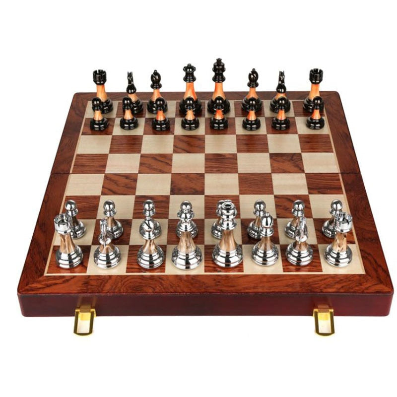Luxurious chess set made of metal with a large 45 cm wooden board