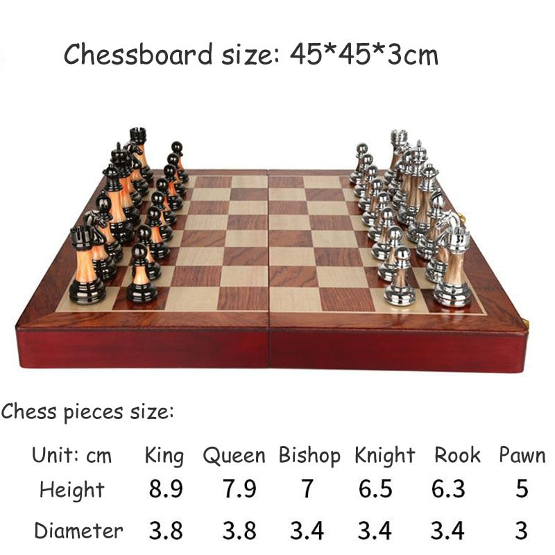 Luxurious chess set made of metal with a large 45 cm wooden board
