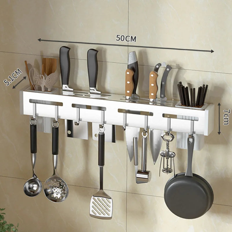 Organize Your Kitchen: Stainless Steel Wall-Mounted Knife Holder Shelf - Nail-Free Storage Shelf with Hooks for Cutlery - Cabinet Organizer for a Tidy Kitchen
