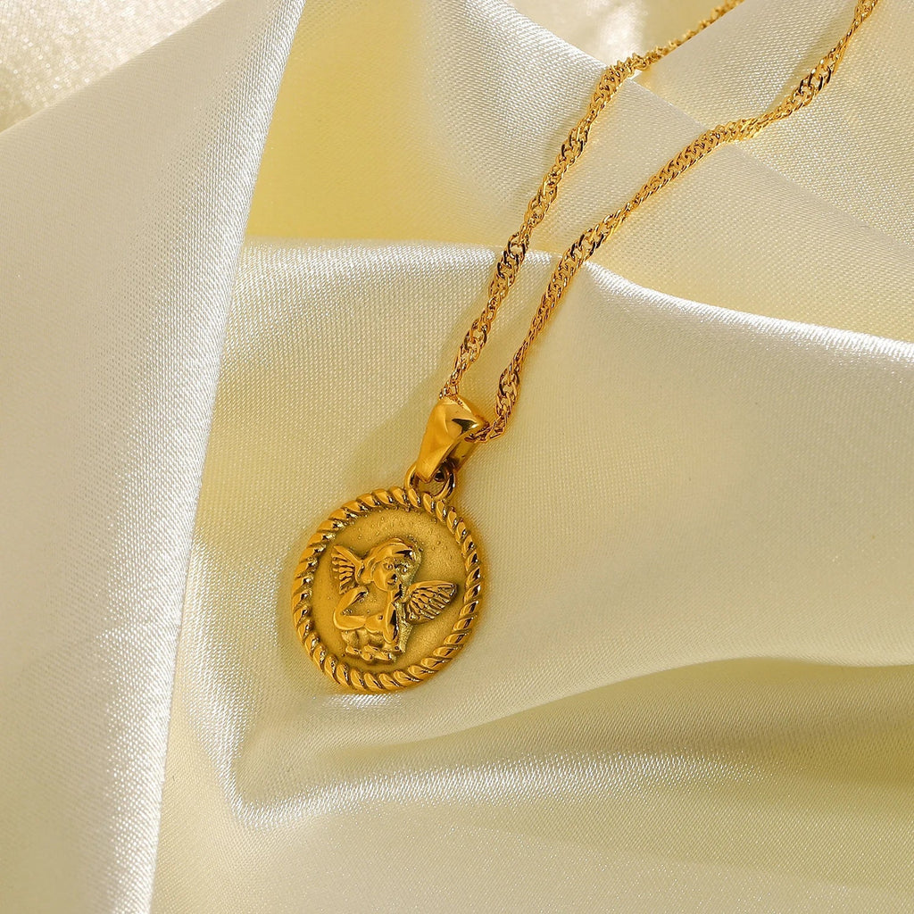 18k Dainty Textured Angel Pendant Necklace