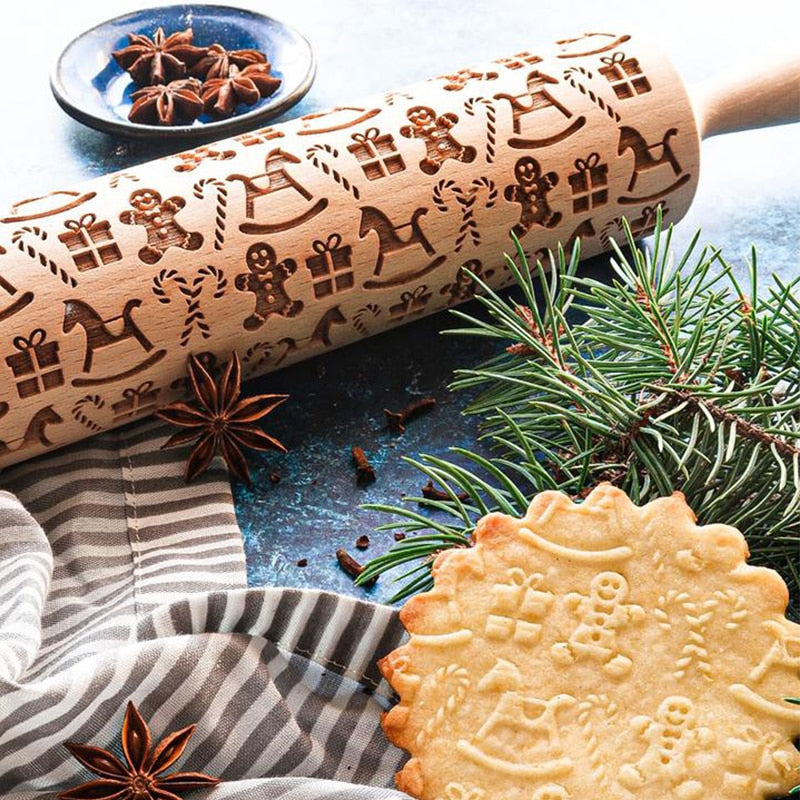 Embossed Rolling Pin Christmas Roller | Handmade from Beech Wood | Christmas Designs & Cookie Cutters