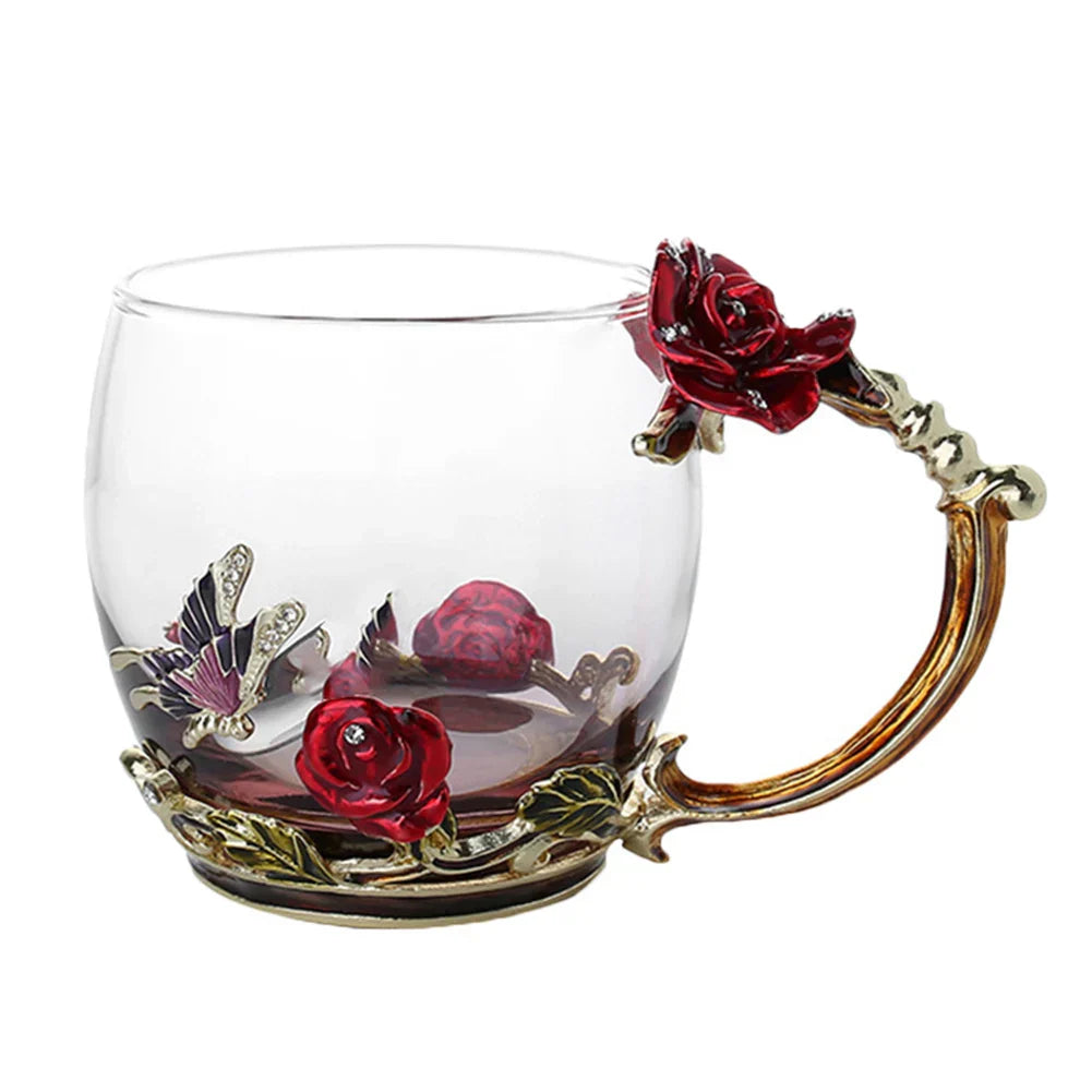 Handcrafted Enamel Coffee Mugs Rose-Glass Tea Cup with Steel Spoon Luxury Unique Gifts for Wedding Valentine's Day Birthday Gifts
