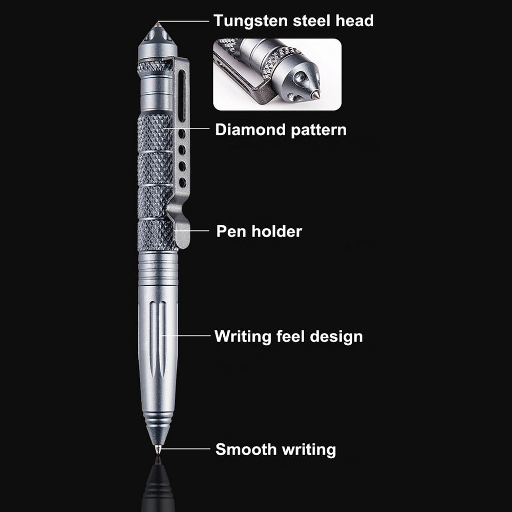 Tactical Survival Pen with Glass-Breaker Tip and Stainless Steel Handle