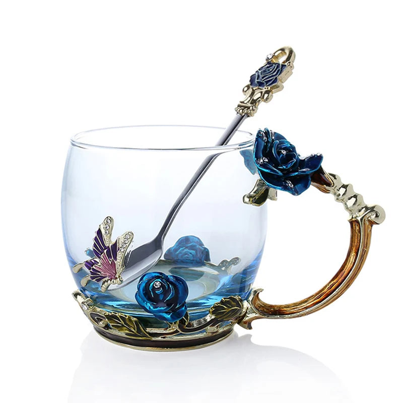Handcrafted Enamel Coffee Mugs Rose-Glass Tea Cup with Steel Spoon Luxury Unique Gifts for Wedding Valentine's Day Birthday Gifts
