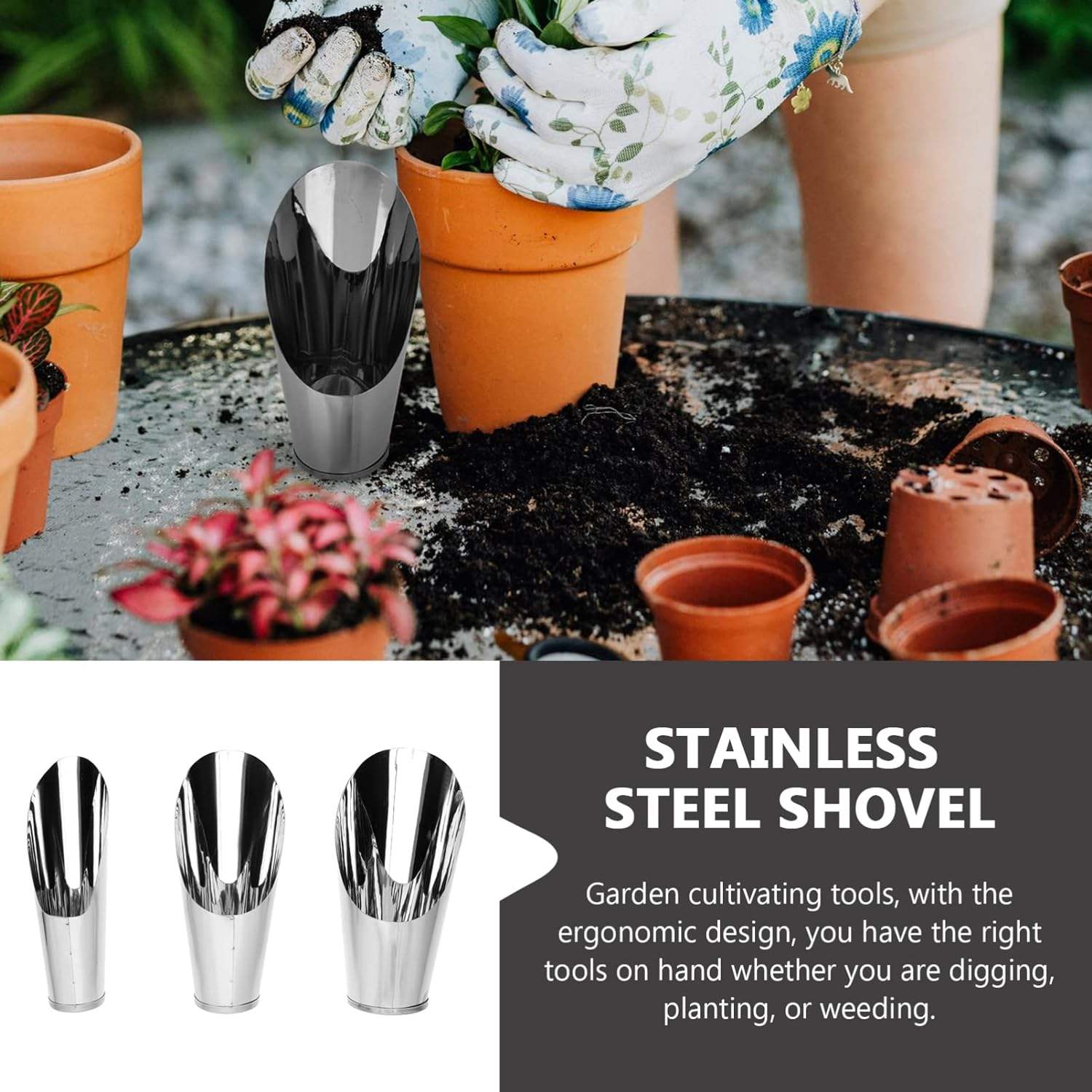 Stainless Steel Scoop for Potting Soil – Robust Planting Scoop for Garden and Balcony