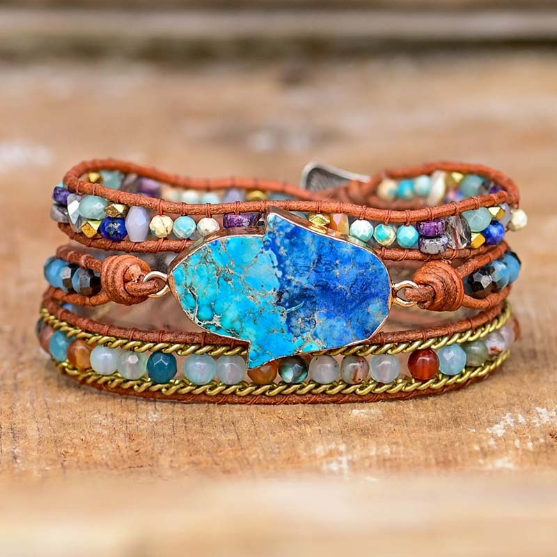 Elegant Turquoise Hamsa Wrap Bracelet - Soraya in Blue