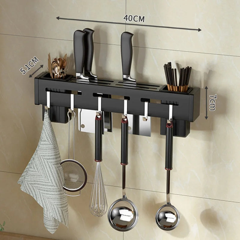 Organize Your Kitchen: Stainless Steel Wall-Mounted Knife Holder Shelf - Nail-Free Storage Shelf with Hooks for Cutlery - Cabinet Organizer for a Tidy Kitchen