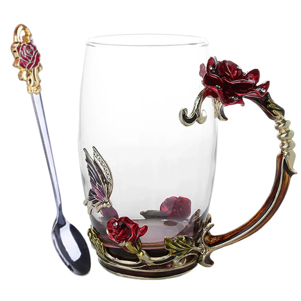 Handcrafted Enamel Coffee Mugs Rose-Glass Tea Cup with Steel Spoon Luxury Unique Gifts for Wedding Valentine's Day Birthday Gifts