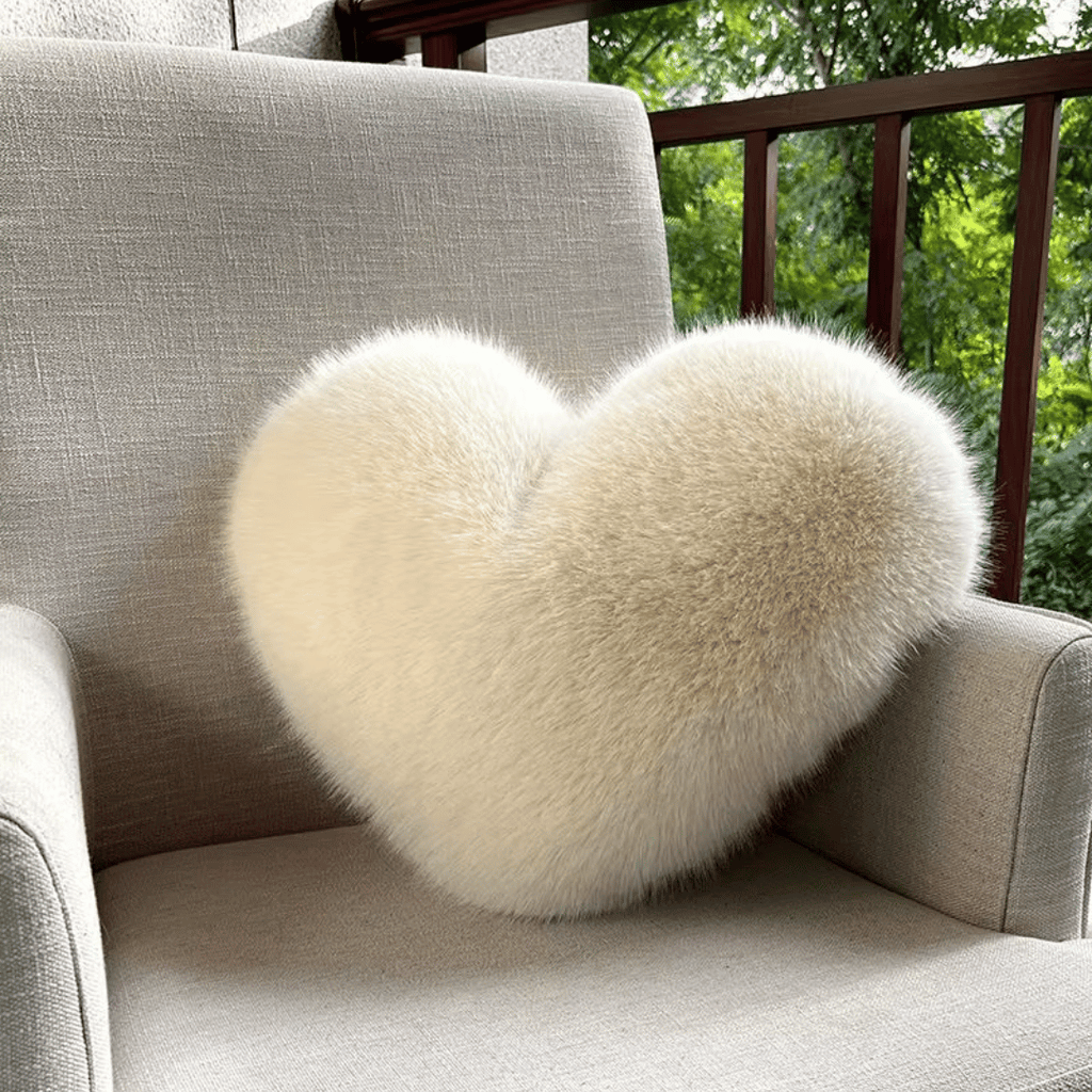 Soft decorative cushion in heart shape with plush texture
