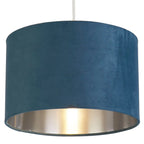 Teal Blue Velvet Vintage Easy Fit Drum Shade with Silver Interior 28cm