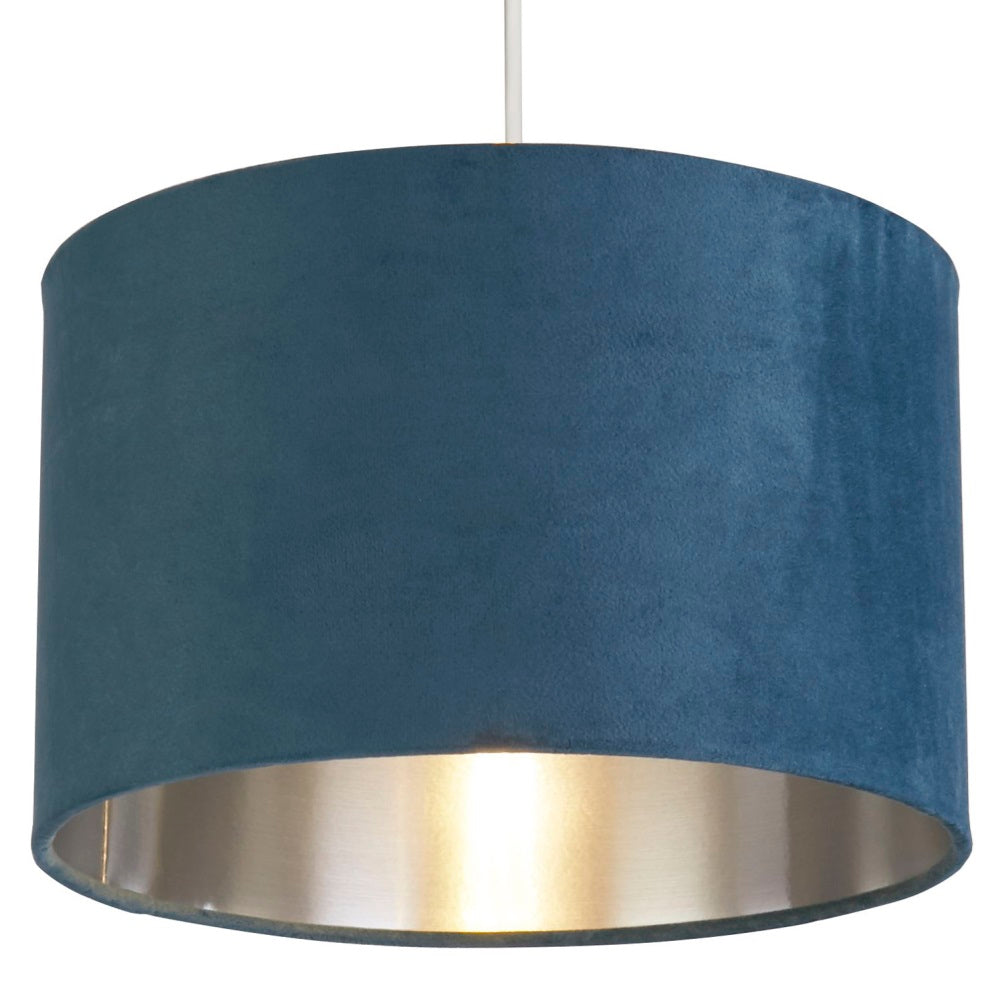 Teal Blue Velvet Vintage Easy Fit Drum Shade with Silver Interior 28cm
