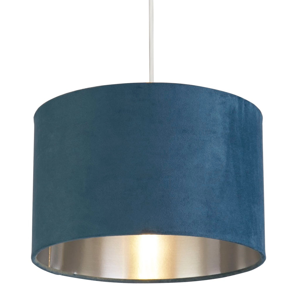 Teal Blue Velvet Vintage Easy Fit Drum Shade with Silver Interior 28cm
