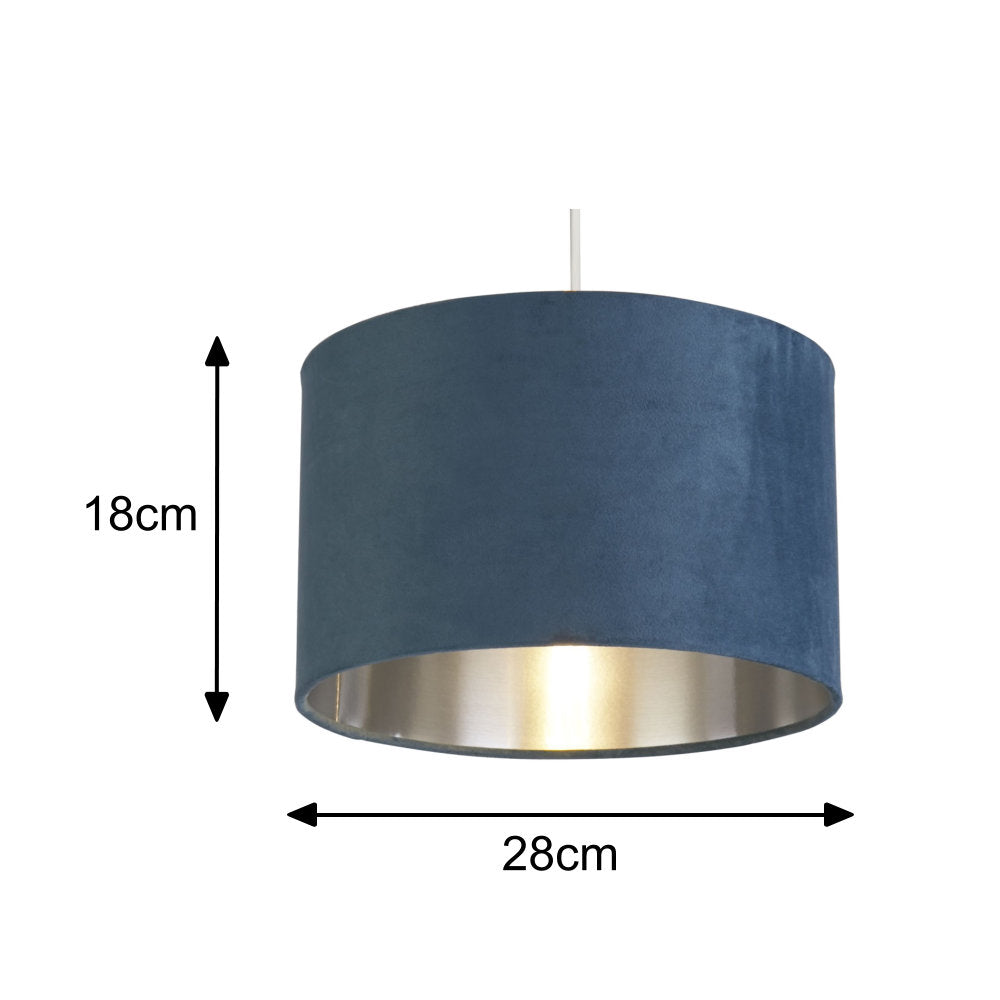 Teal Blue Velvet Vintage Easy Fit Drum Shade with Silver Interior 28cm