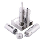 Stylish set of stainless steel mills with a practical and elegant stand