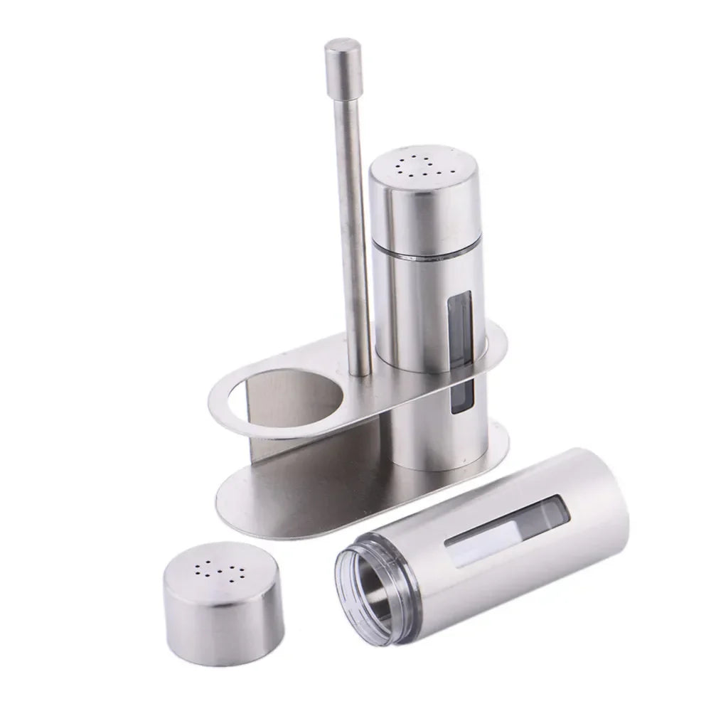 Stylish set of stainless steel mills with a practical and elegant stand