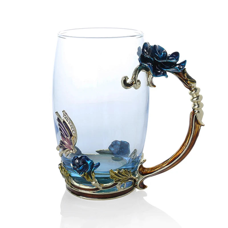 Handcrafted Enamel Coffee Mugs Rose-Glass Tea Cup with Steel Spoon Luxury Unique Gifts for Wedding Valentine's Day Birthday Gifts