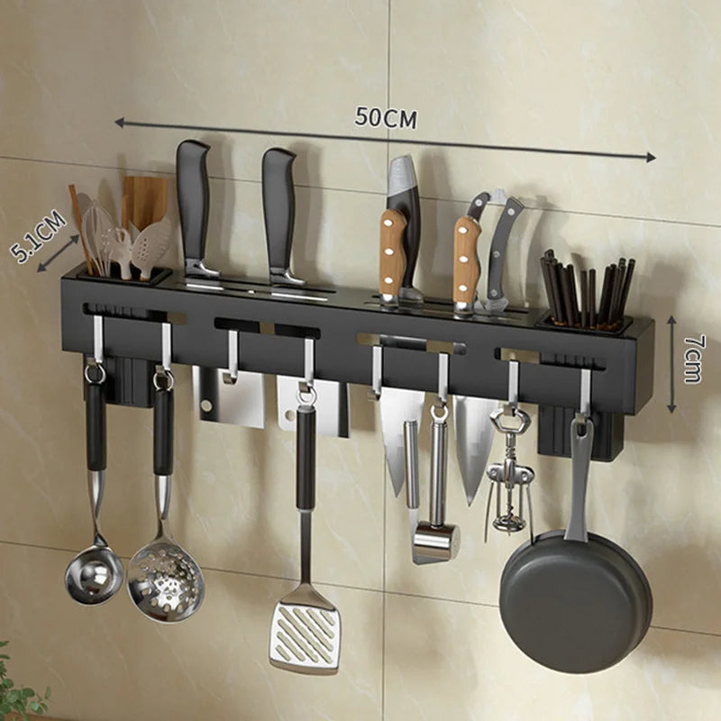Organize Your Kitchen: Stainless Steel Wall-Mounted Knife Holder Shelf - Nail-Free Storage Shelf with Hooks for Cutlery - Cabinet Organizer for a Tidy Kitchen