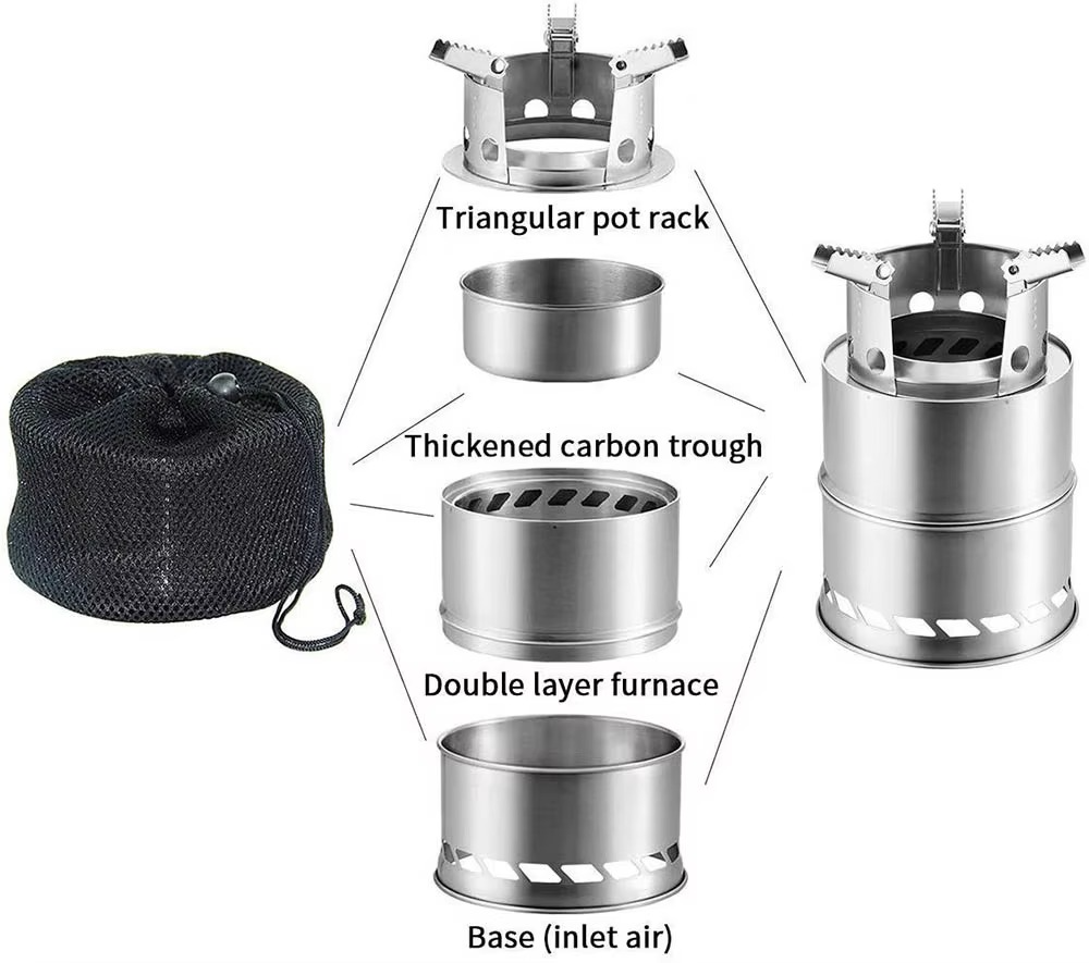 Portable Stainless Steel Wood Burning Camping Stove - Lightweight Outdoor Cooker for Travel and BBQ