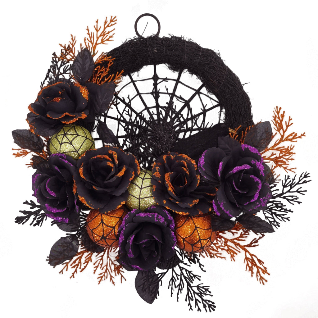 Halloween Gothic Floral Wreath - Black Roses & Spiderweb Front Door Decor with Glitter Accents