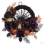 Halloween Gothic Floral Wreath - Black Roses & Spiderweb Front Door Decor with Glitter Accents
