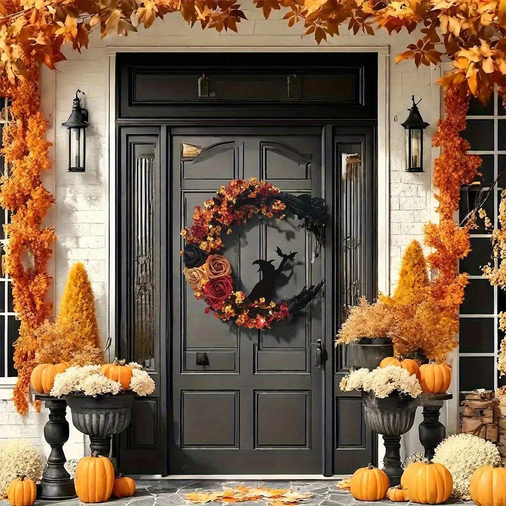 Rustic Witch Wreath – Crescent Moon Halloween Floral Door Decoration