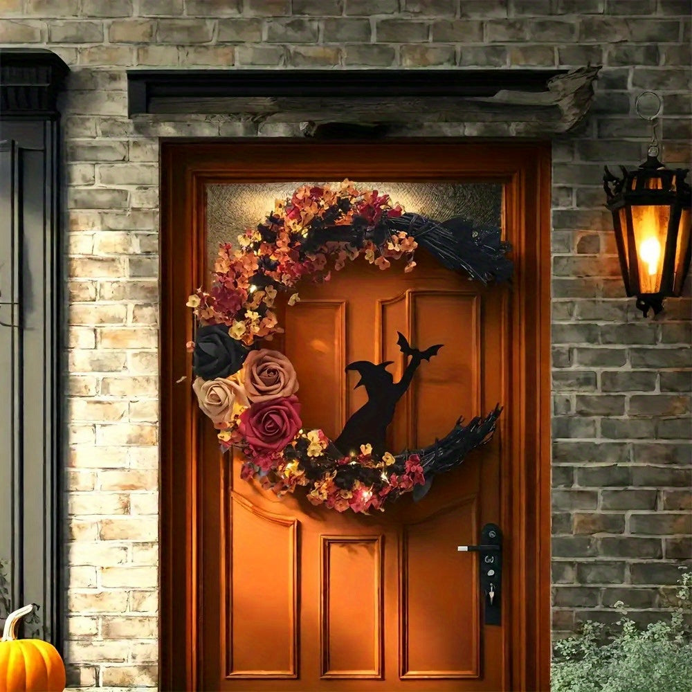Rustic Witch Wreath – Crescent Moon Halloween Floral Door Decoration