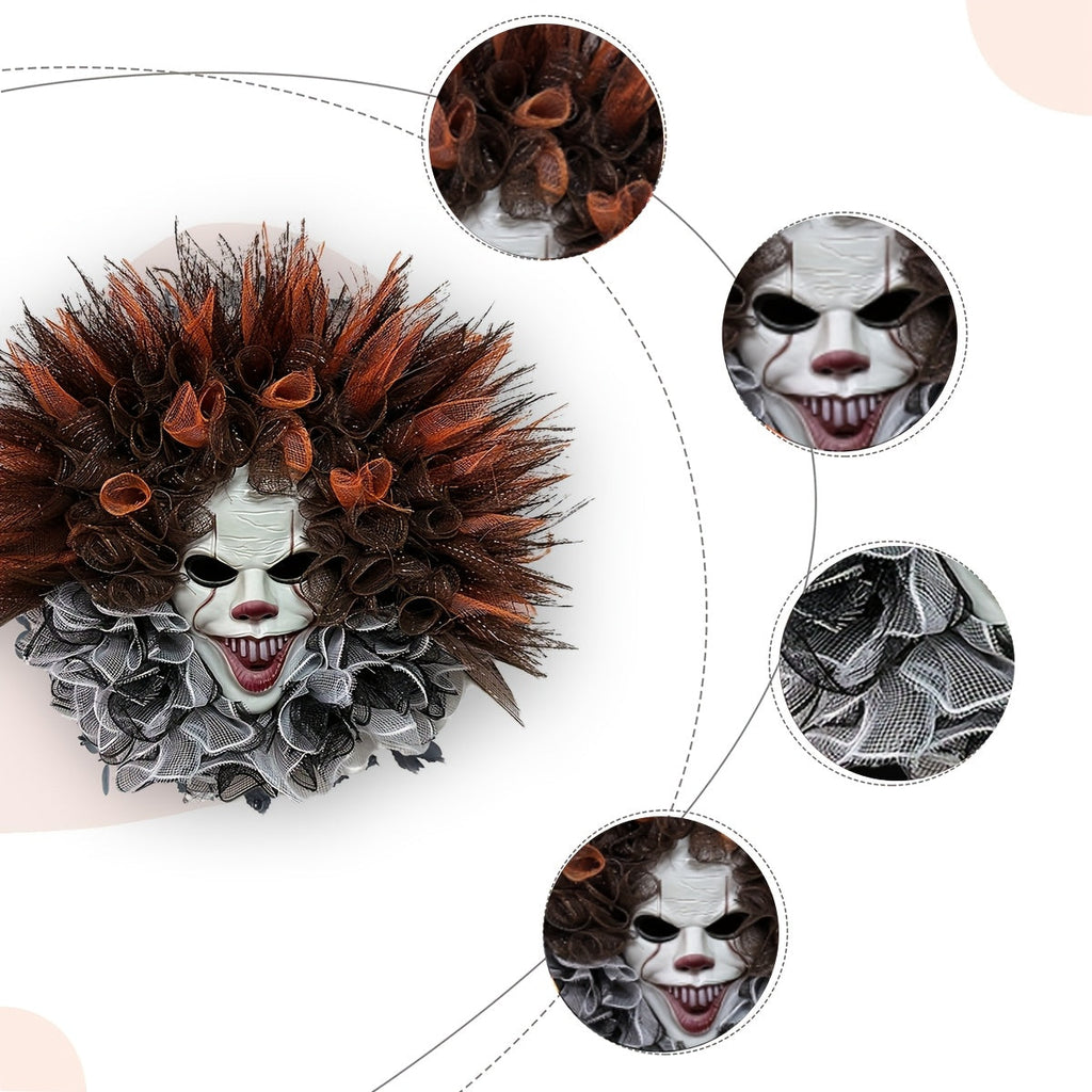 Scary Clown Mesh Wreath – Creepy Halloween Front Door Decoration