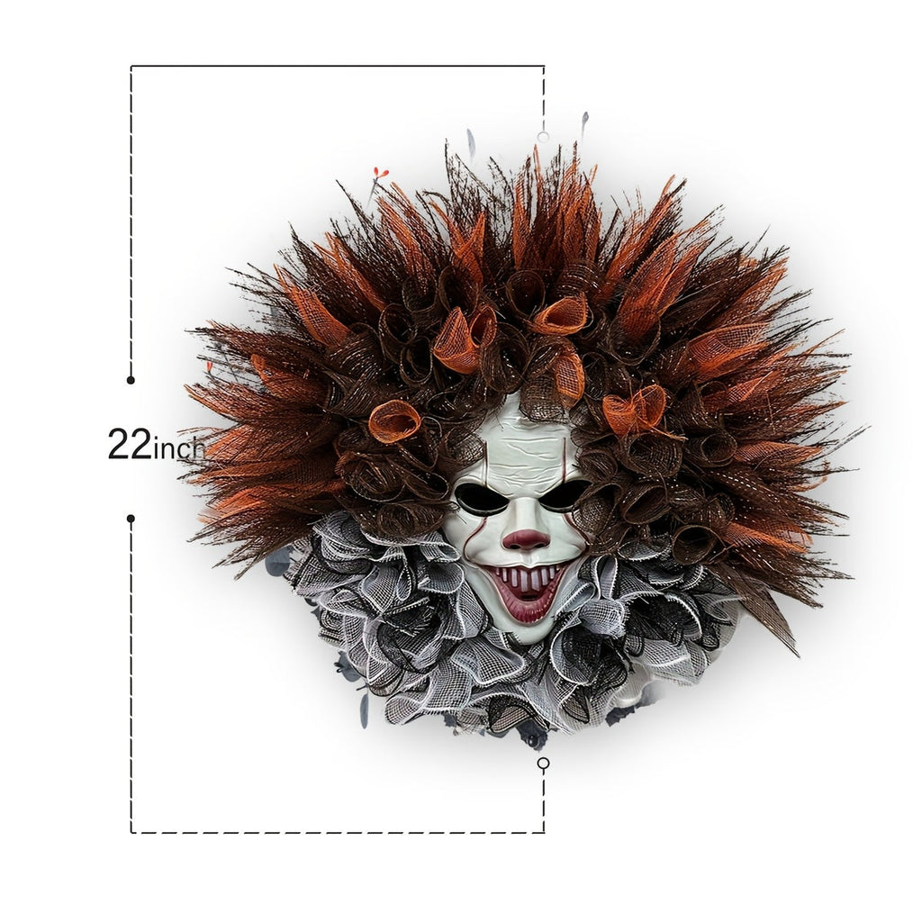 Scary Clown Mesh Wreath – Creepy Halloween Front Door Decoration