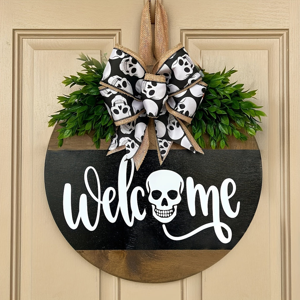 Spooky Skull Wreath – Rustic Halloween Front Door Welcome Sign