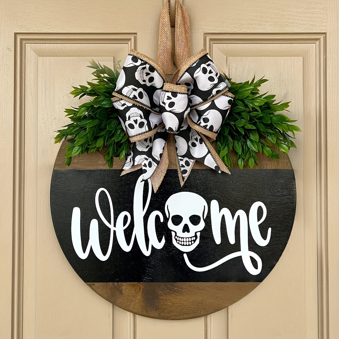 Spooky Skull Wreath – Rustic Halloween Front Door Welcome Sign