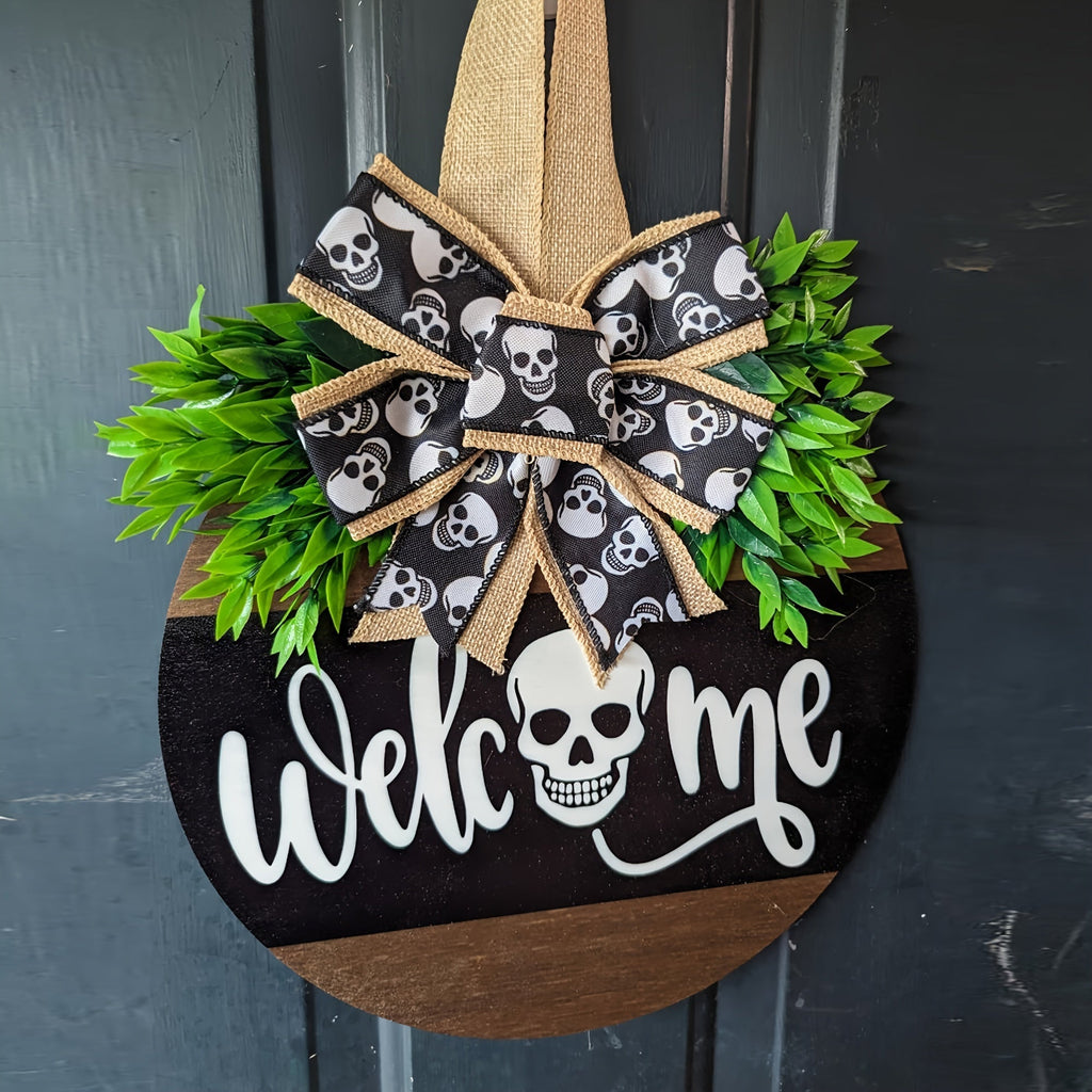 Spooky Skull Wreath – Rustic Halloween Front Door Welcome Sign