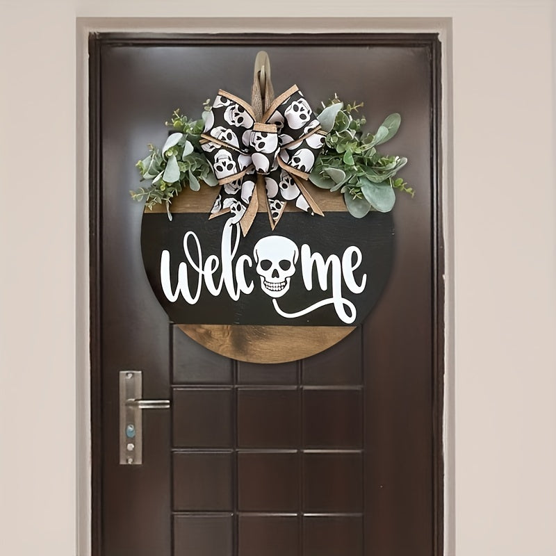 Spooky Skull Wreath – Rustic Halloween Front Door Welcome Sign