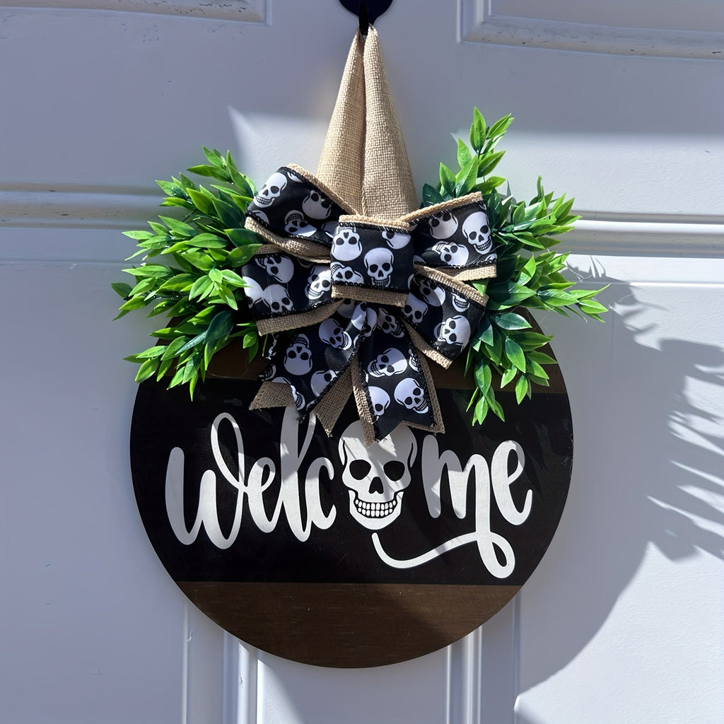 Spooky Skull Wreath – Rustic Halloween Front Door Welcome Sign