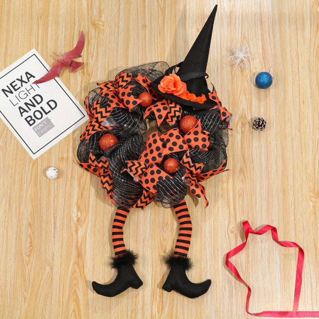 Halloween Witch Mesh Wreath – Whimsical Front Door Wreath for Spooky Season Decor