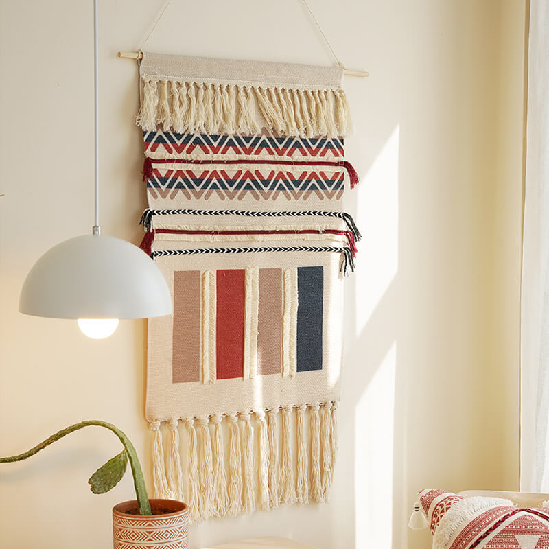 Handwoven geometric pattern tassel wall hanging