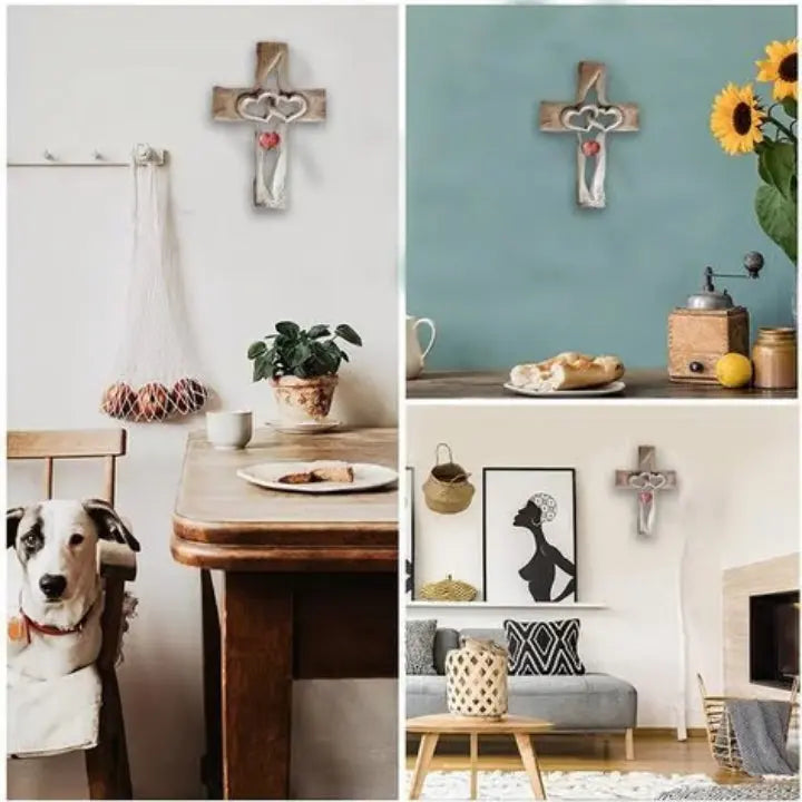 Hand-carved wooden cross with intertwined hearts