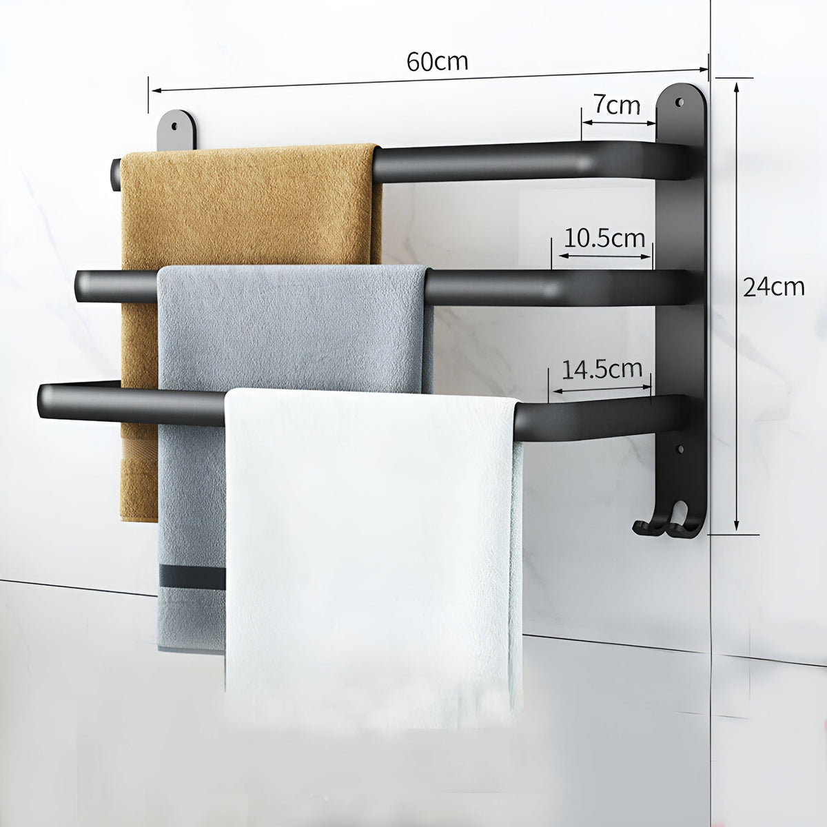 HangEase 3-Layer Towel Holder – Black Wall-Mounted Aluminium Rack Without Drilling