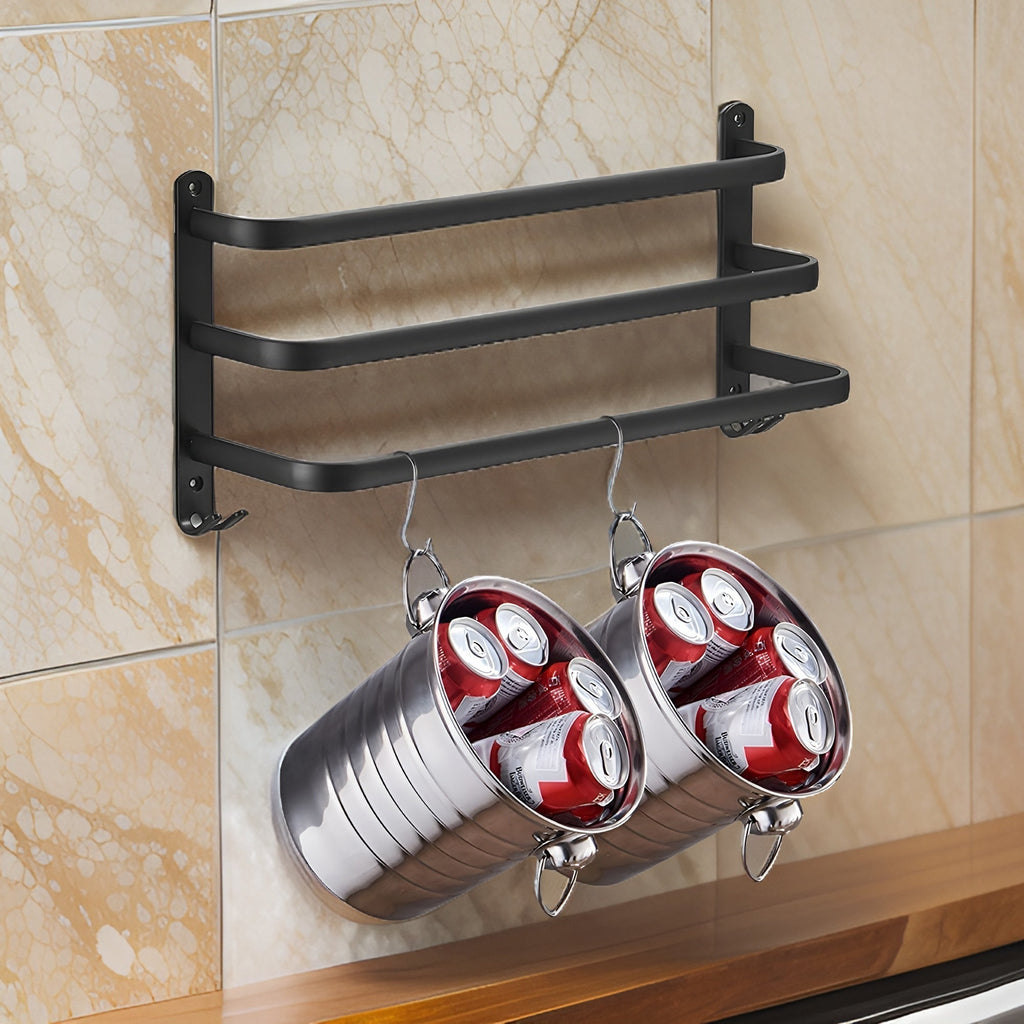 HangEase 3-Layer Towel Holder – Black Wall-Mounted Aluminium Rack Without Drilling