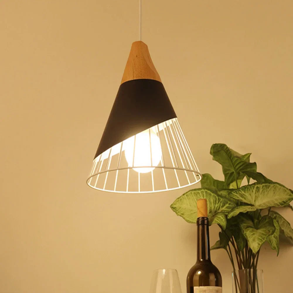 Vintage pendant light with cable – Industrial hanging lamp made of metal and wood