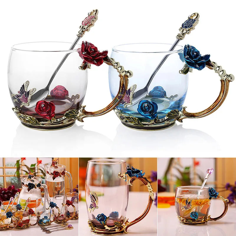 Handcrafted Enamel Coffee Mugs Rose-Glass Tea Cup with Steel Spoon Luxury Unique Gifts for Wedding Valentine's Day Birthday Gifts