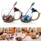 Handcrafted Enamel Coffee Mugs Rose-Glass Tea Cup with Steel Spoon Luxury Unique Gifts for Wedding Valentine's Day Birthday Gifts