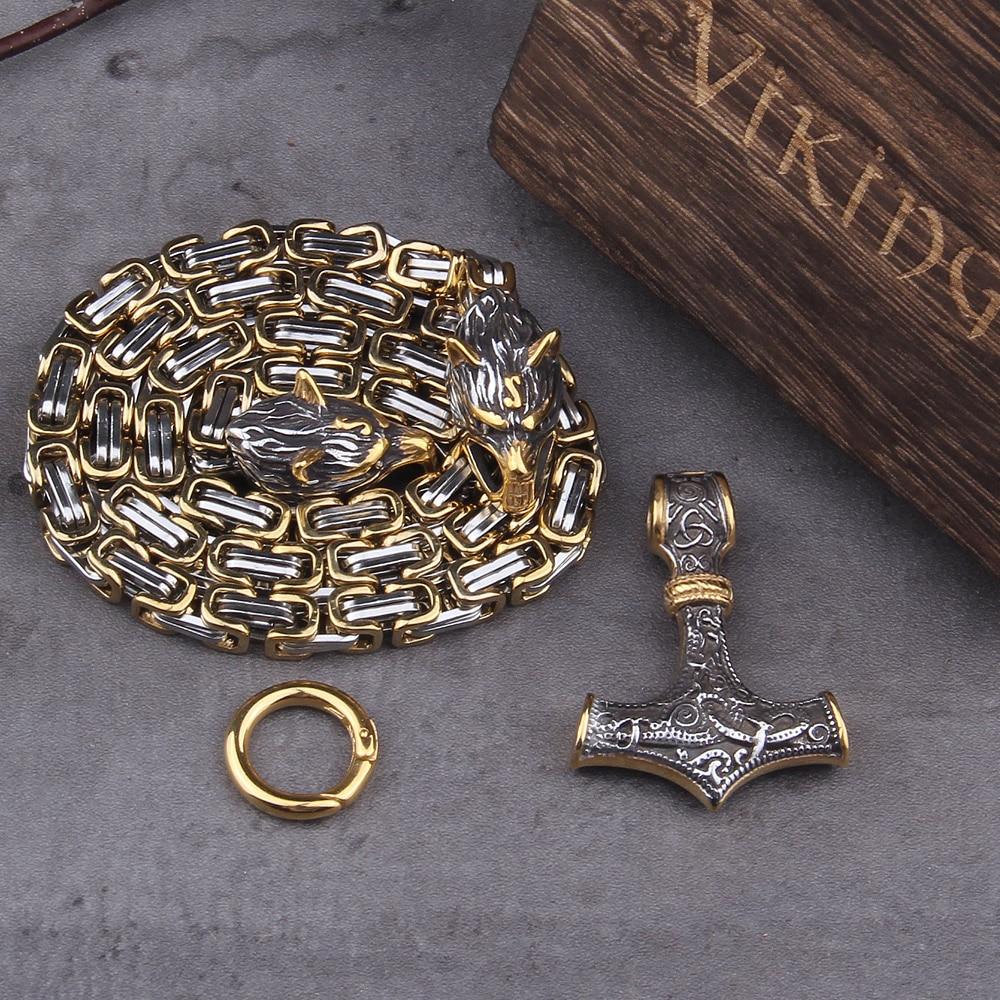 60–90 cm Stainless Steel Double Wolf Head & Mjolnir Survival Spirit Necklace/Bracelet