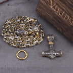 60–90 cm Stainless Steel Double Wolf Head & Mjolnir Survival Spirit Necklace/Bracelet