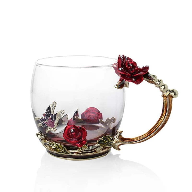 Handcrafted Enamel Coffee Mugs Rose-Glass Tea Cup with Steel Spoon Luxury Unique Gifts for Wedding Valentine's Day Birthday Gifts