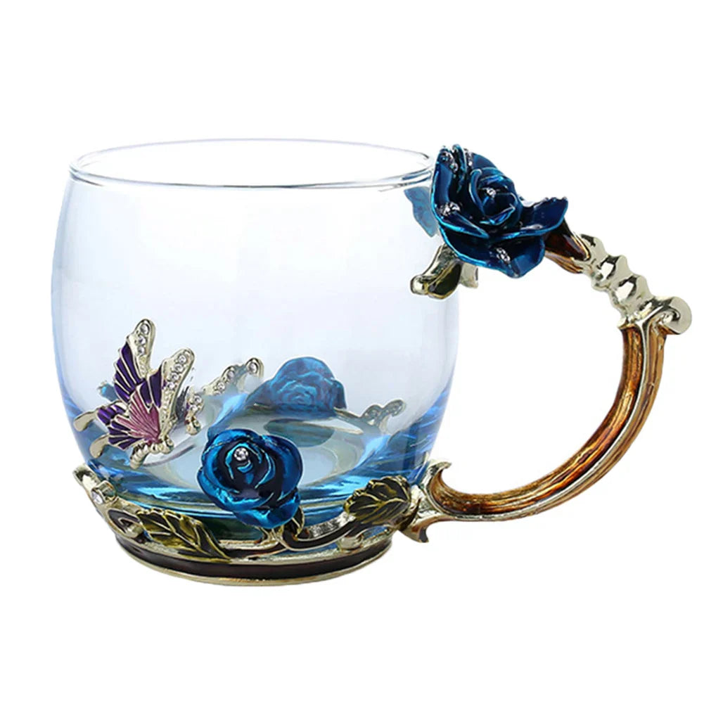 Handcrafted Enamel Coffee Mugs Rose-Glass Tea Cup with Steel Spoon Luxury Unique Gifts for Wedding Valentine's Day Birthday Gifts